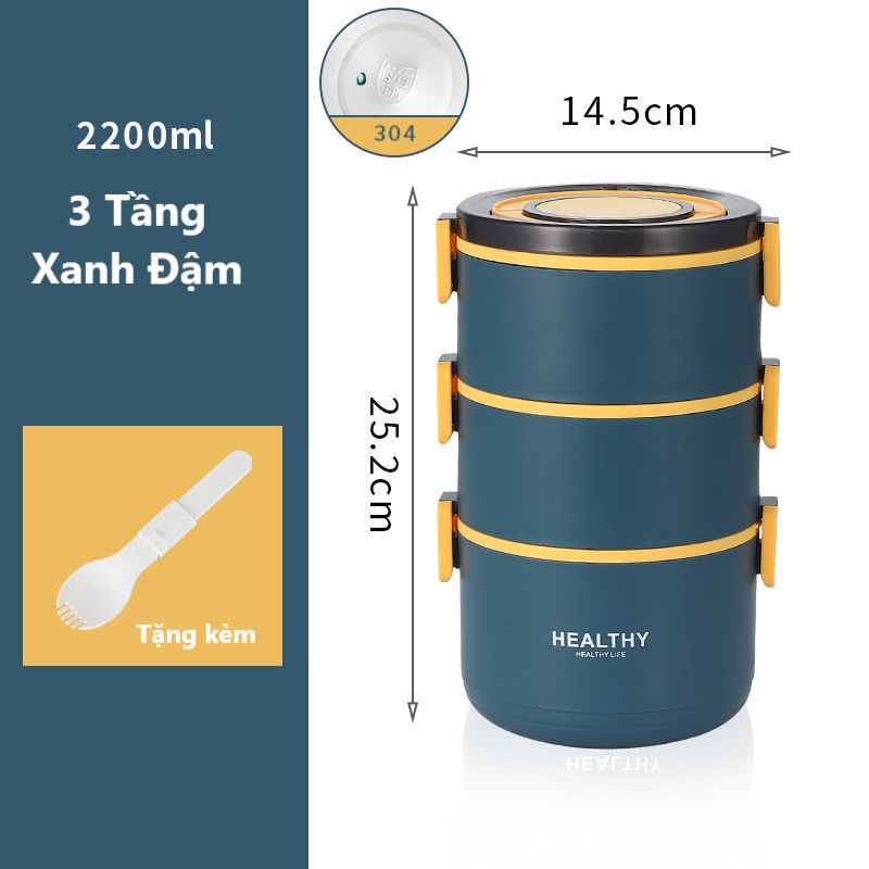 Hộp Cơm, Cặp Lồng Giữ Nhiệt Inox 304 Cao Cấp, Giữ Nhiệt 8-12 tiếng Dung Tích 2200ml HEALTHY Chính Hãng