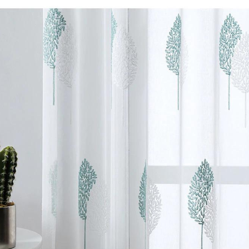 Rèm Vải Voan  Họa Tiết Lá Decor Phòng Khách , Phòng Ngủ ( Xanh Dương )