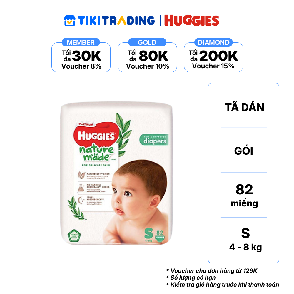 Tã Dán Siêu Cao Cấp Huggies Platinum Naturemade S82 82 Miếng