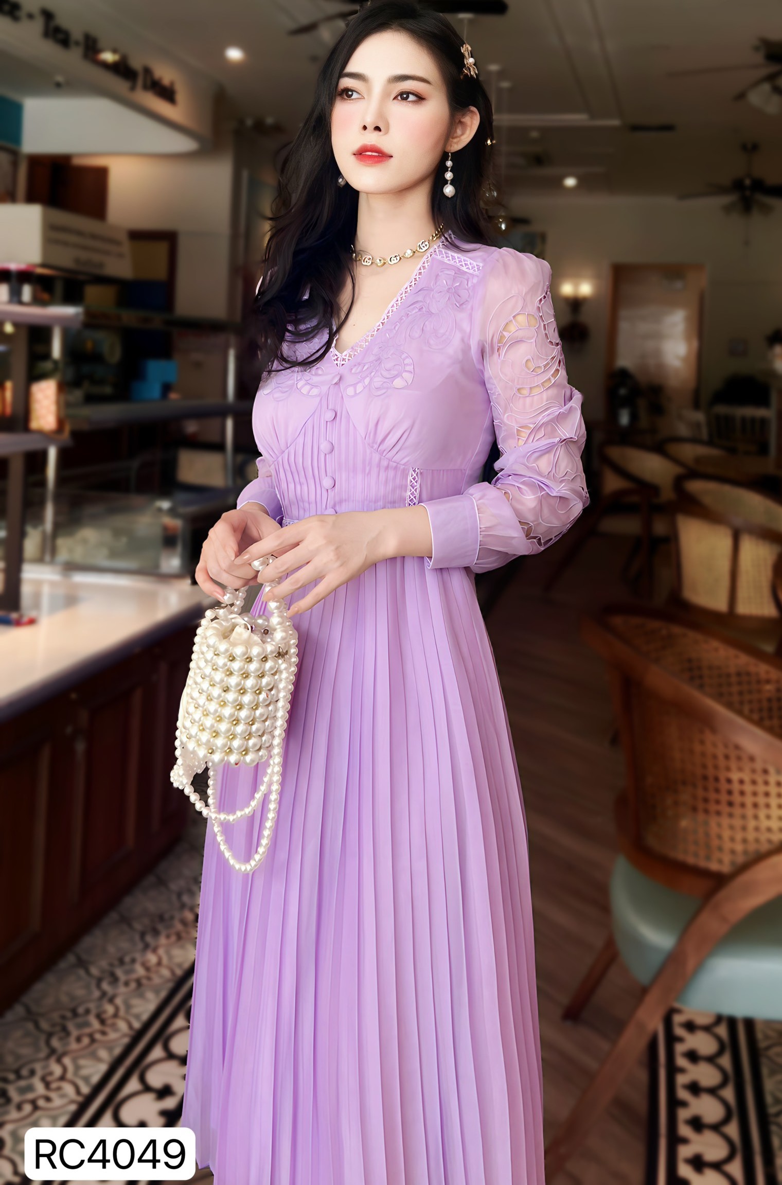 Đầm Thiết Kế MAY RC4049 Chất Liệu Tơ Óng Nhật Phối Ren Thêu Màu Tím Lavender - Đầm Dự Tiệc Sang Trọng Chuẩn MAY