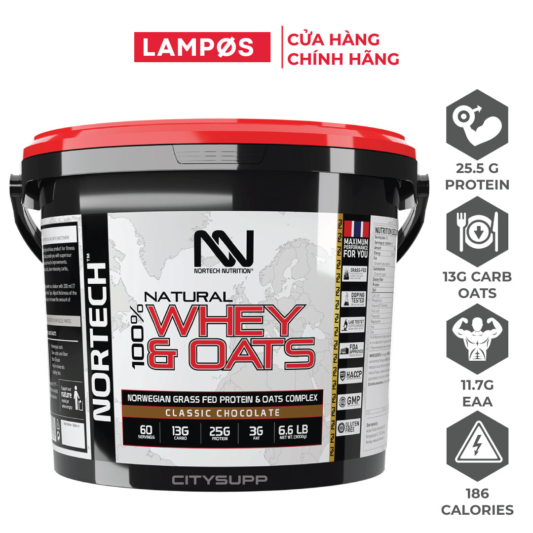 Nortech Whey &amp; Oats 3KG (60 Serving), Bổ Sung 25.5g Whey Protein, 13.7g Tinh Bột &amp; 2.3g Chất Xơ từ Yến Mạch, 11.7g EAA, 5.7g BCAA, Thay Thế Bữa Ăn