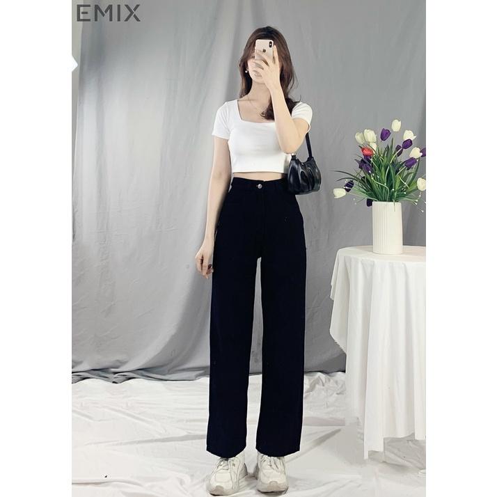 Quần jean đi học EMIX (3 màu), ulzzang, dáng dài, cạp cao, ống suông rộng, có đai, túi, chất jean mềm nhẹ 240