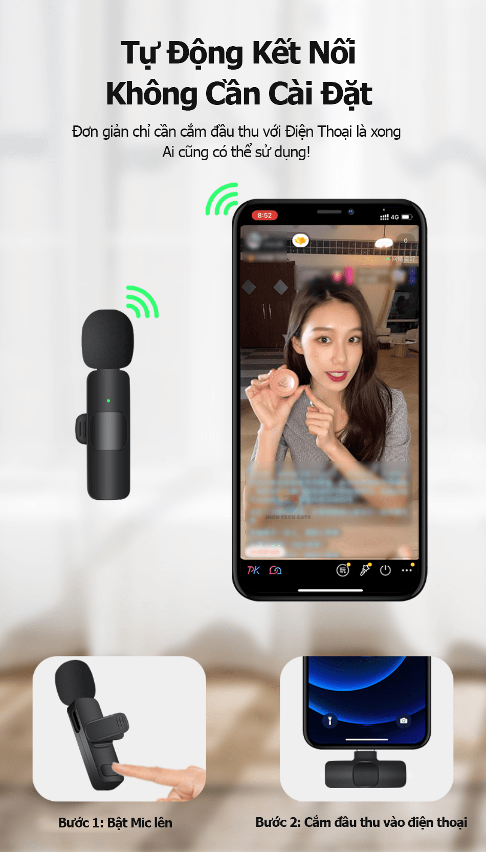 Mic thu âm chống ồn Lavalier cho điện thoại cài áo không dây, microphone livestream, khử tiếng ồn lọc âm, quay video, phỏng vấn, học tập, hàng chính hãng