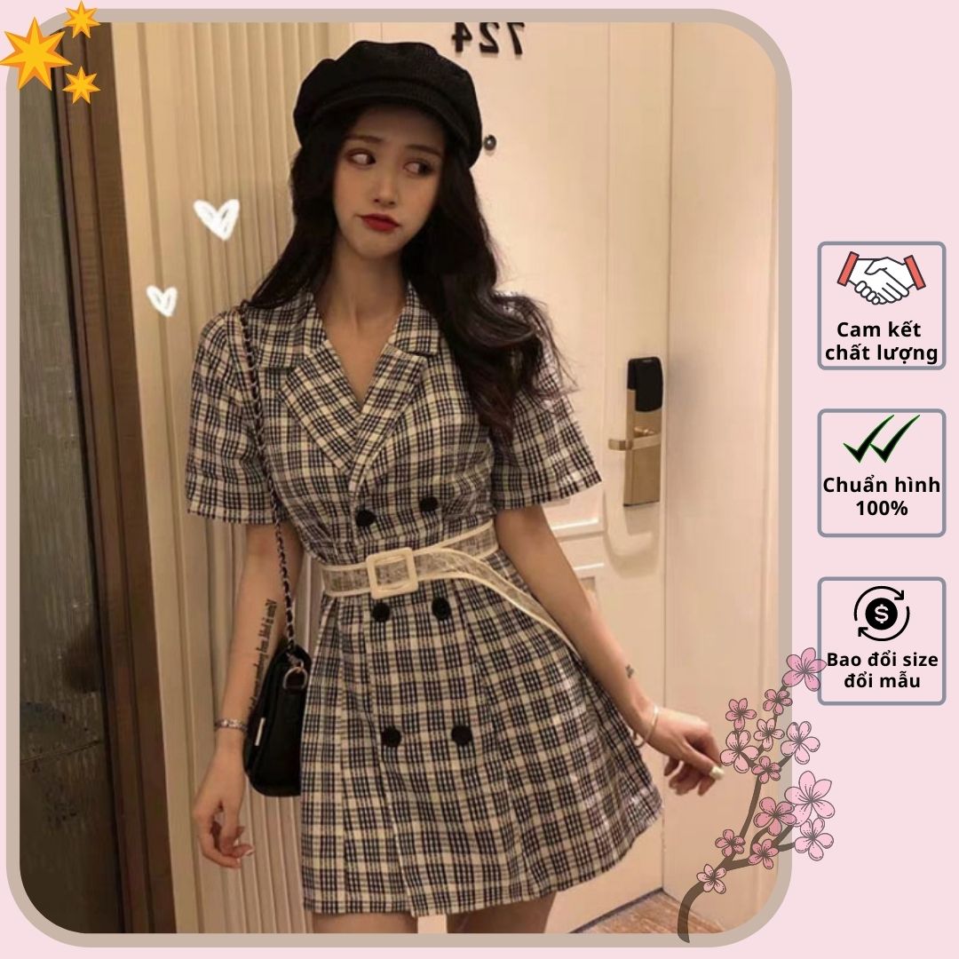 Hàng Quảng Châu - Đầm xòe caro cổ vest vintage thanh lịch trẻ trung - D82208
