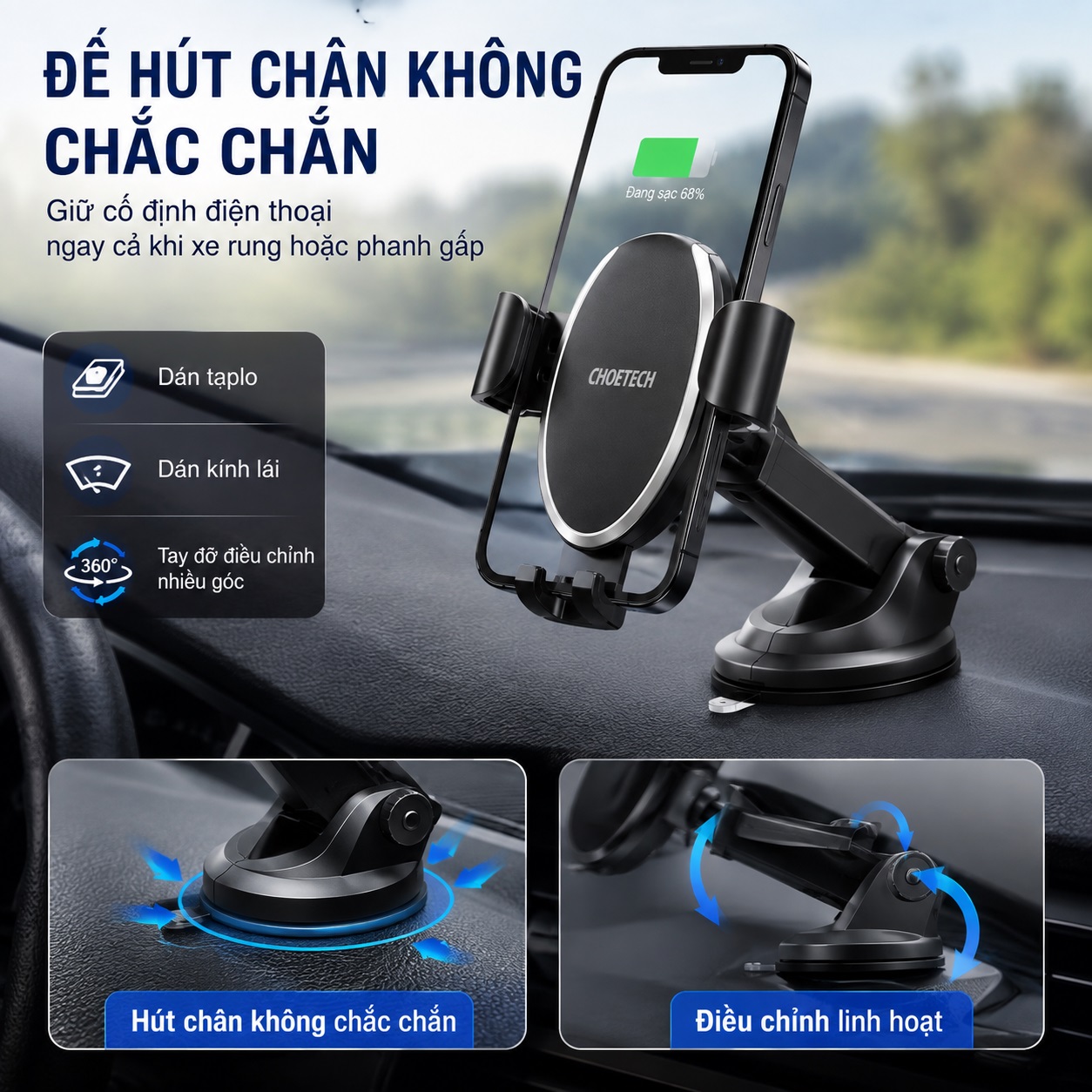 Giá đỡ điện thoại sạc nhanh không dây 2 in 1 gắn chân không + kẹp khe gió Choetech T536 Cho điện thoại / iPhone - Kẹp Trọng Lực Xoay 360 Độ Kẹp Khe Gió Hoặc Dán Taplo - hàng nhập khẩu
