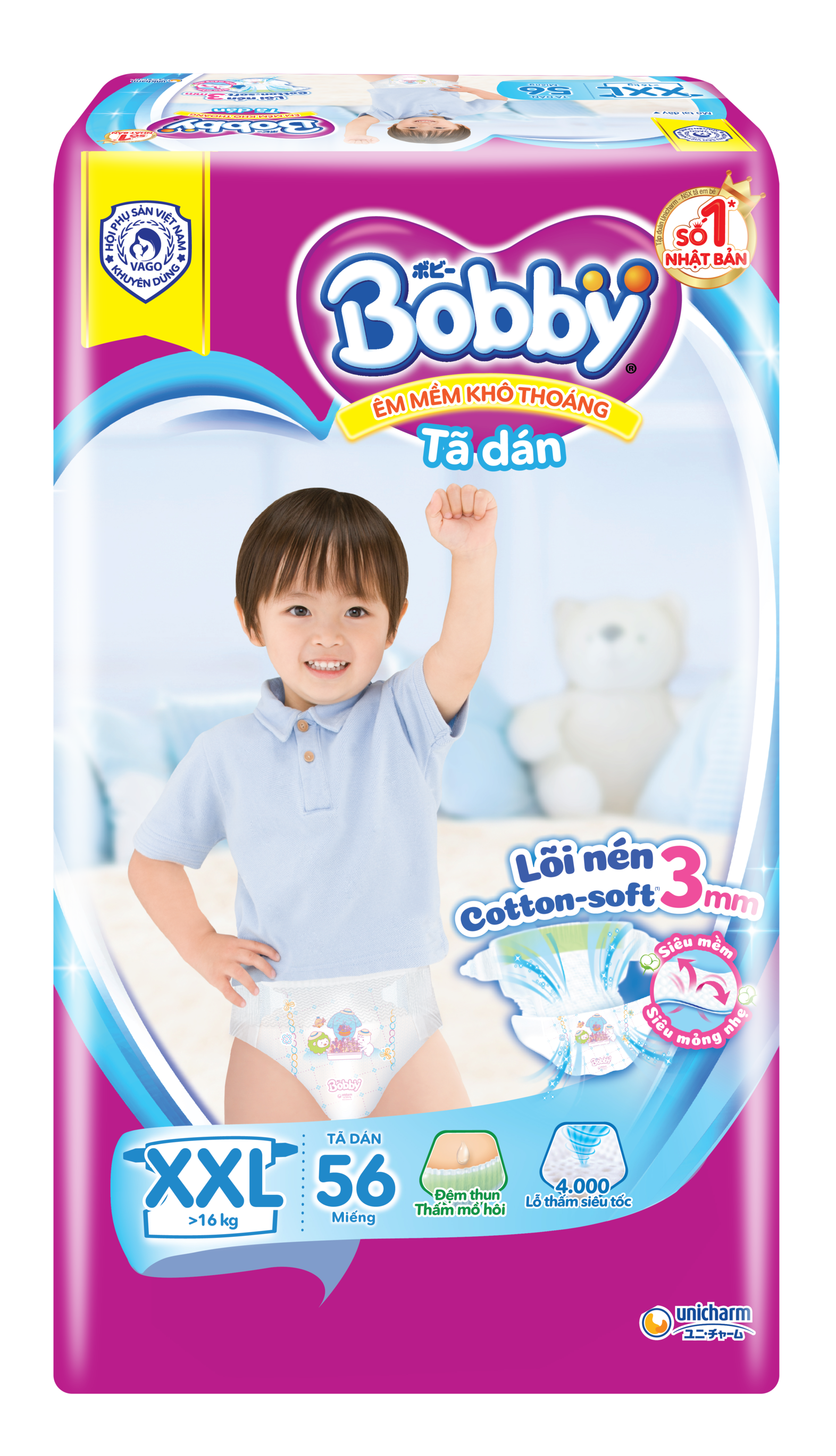 Tã Dán Bobby Siêu Mỏng Gói Cực Đại XXL56 (56 Miếng)