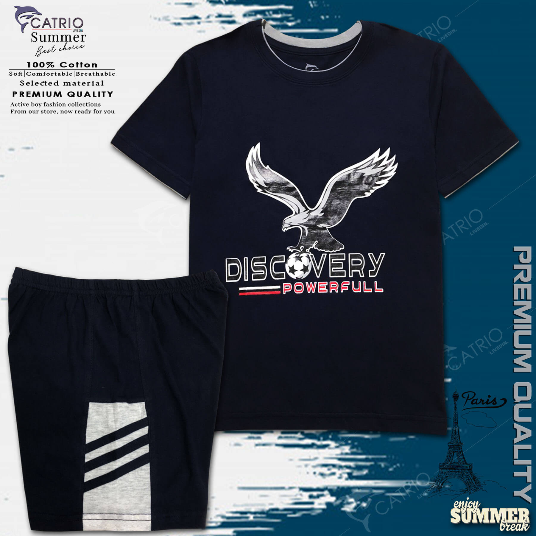 BỘ PHÔNG BÉ TRAI CATRIO là bộ thun trẻ em từ 6T-18T=QUẦN ĐÙI+ÁO NGẮN TAY in ĐẠI BÀNG màu NAVY