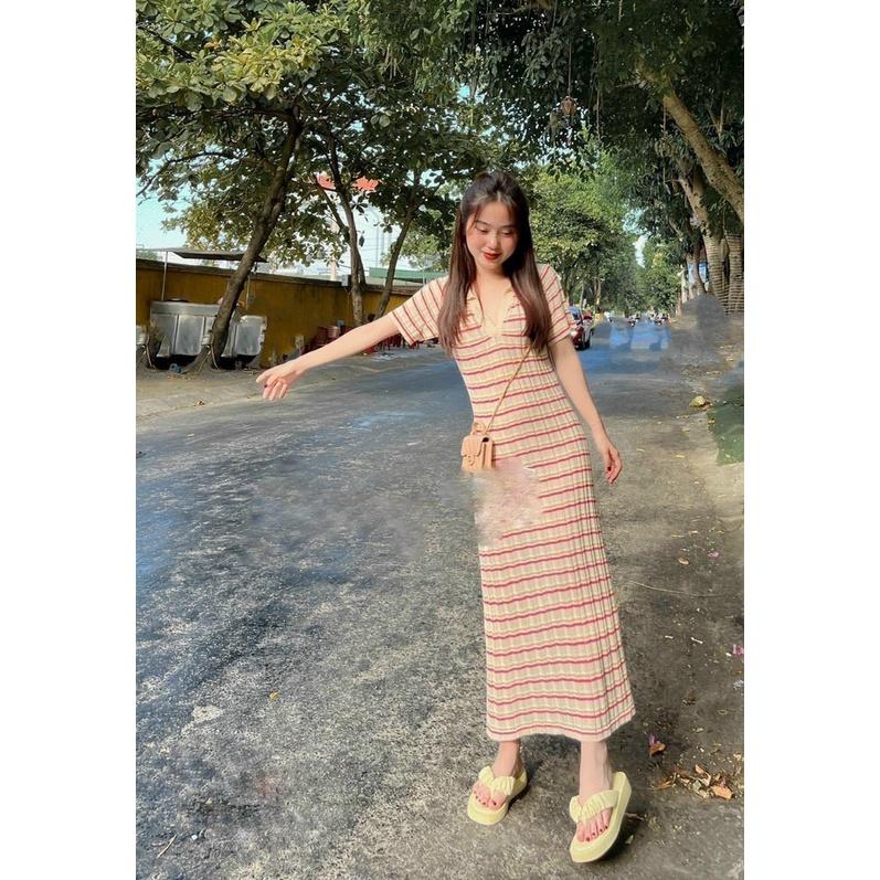 Váy maxi len kẻ ngang cổ bẻ cực hot