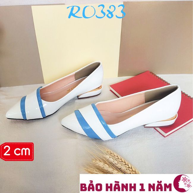 Giày búp bê mũi nhọn thời trang nữ cao cấp ROSATA mẫu RO383, da bóng, cao 2 phân, trắng phối xanh