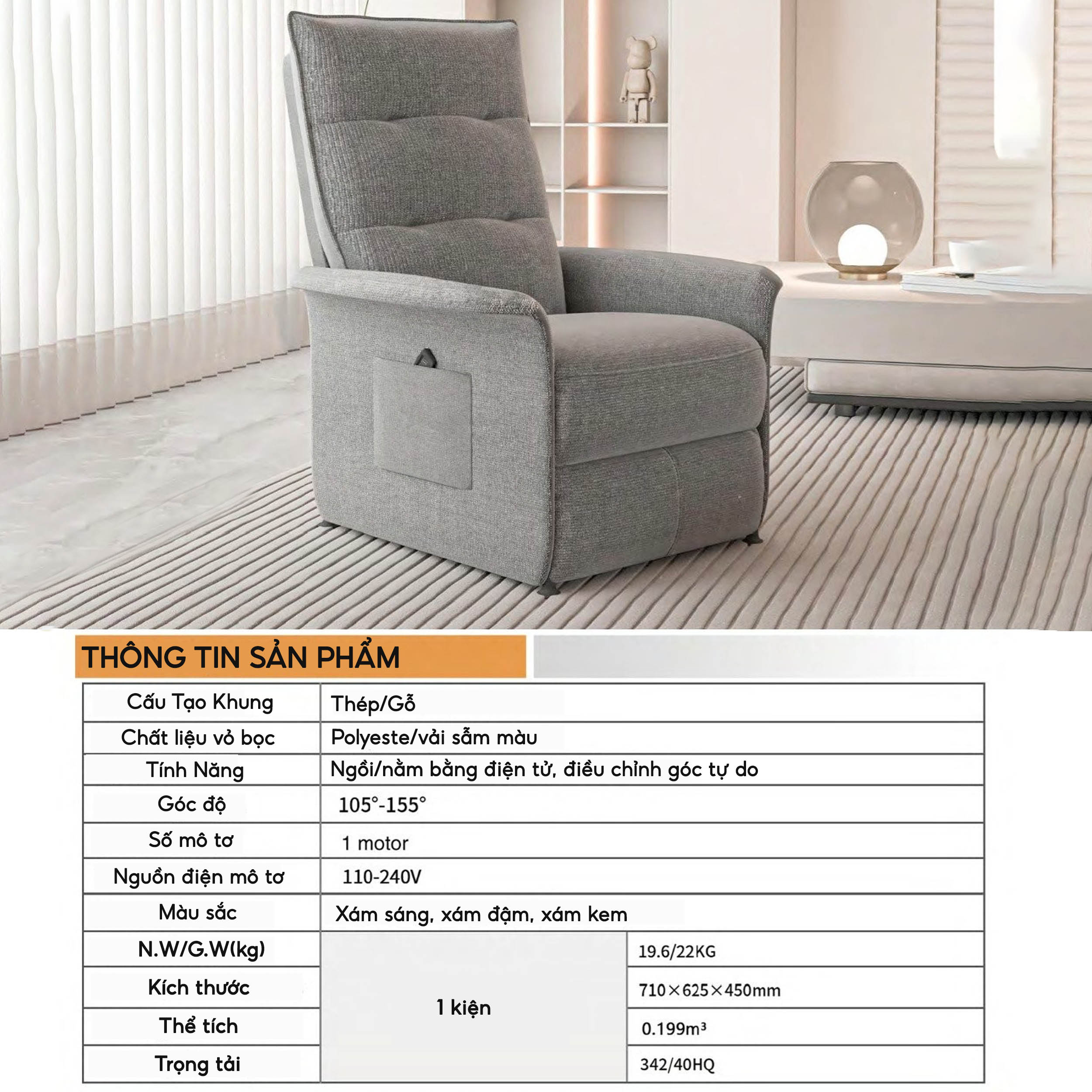 Ghế sofa đơn chỉnh điện iCockpit Zero Gravity, có thể ngả thành giường