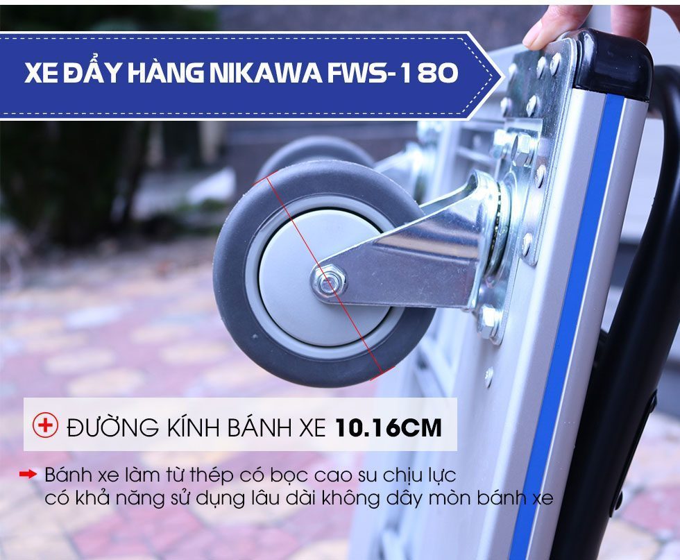 Xe đẩy hàng 4 bánh chống ồn Nikawa FWS-180 sàn nhôm tay cầm thép gấp mở tiện lợi tải trọng 180kg