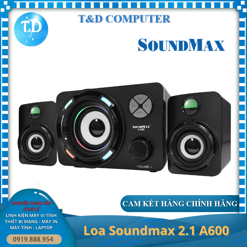 Loa vi tính 2.1 Soundmax A600 16W LED hỗ trợ Bluetooth, Thẻ nhớ, USB - Hàng chính hãng Triệu Gia phân phối