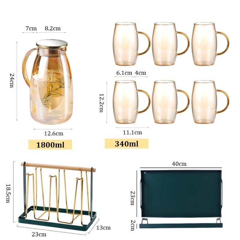 Bộ bình 6 cốc thủy tinh chịu nhiệt pha lê ánh vàng