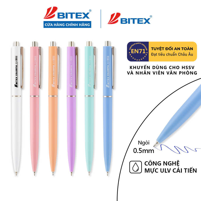 Combo 05 Bút bi Bitex B04 mực ULV màu xanh tip ngòi 0.5mm ( thân màu ngẫu nhiên)
