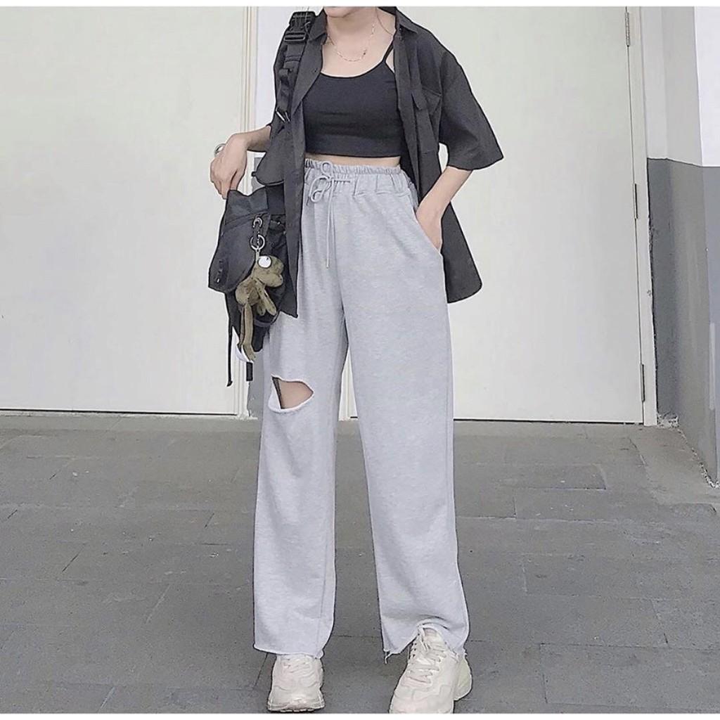 Quần Baggy Unisex, Chất liệu nỉ Ống Rộng Rách Gối, Cạp Cao Thun Dài SANMAY-QD001