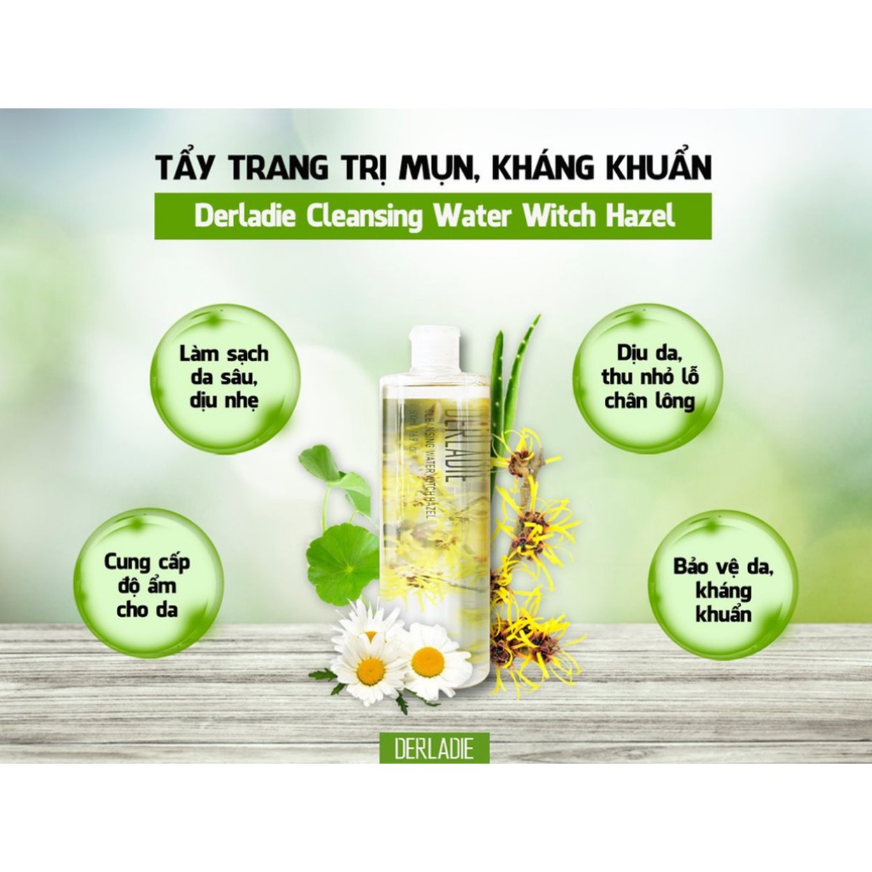 Nước Tẩy Trang Làm Sạch Da, Kháng Khuẩn, Dịu Nhẹ Derladie Cleansing Water Witch Hazel 500ml + Tặng Túi Bông Tẩy Trang Ipek 80 Miếng