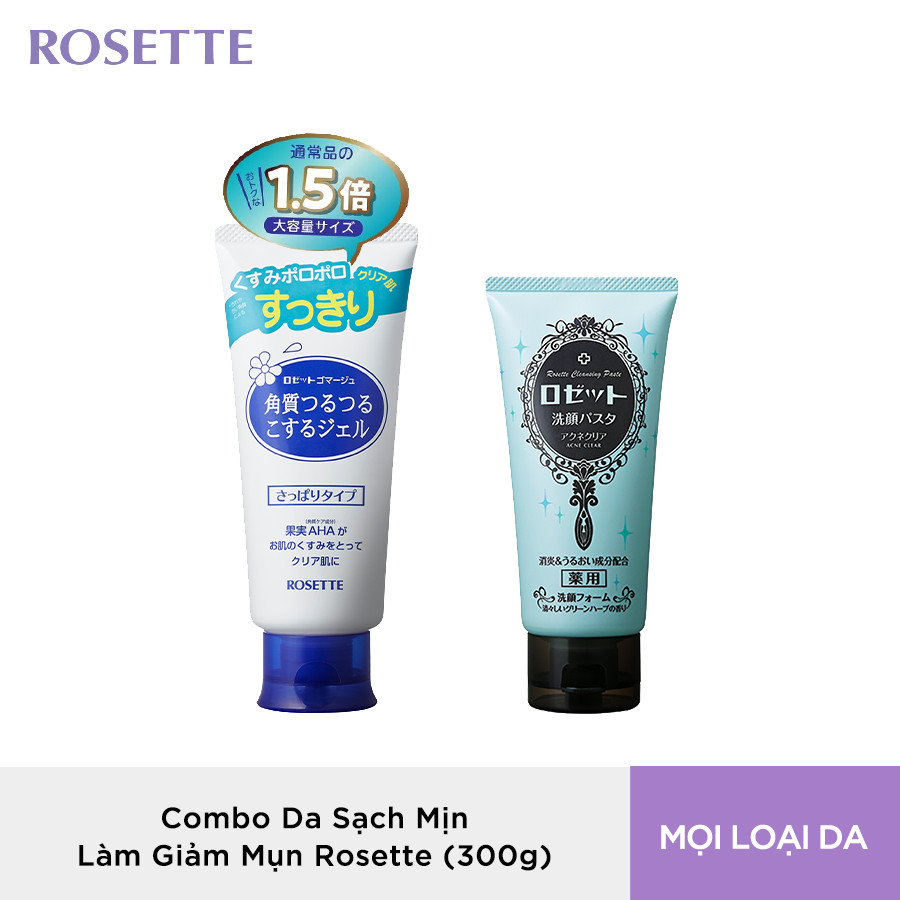 Bộ Sữa Rửa Mặt Làm Giảm Mụn Rosette Face Wash Pasta Acne Clear 120g và Tẩy Tế Bào Chết Cho Mọi Loại Da Rosette Gommage 180g