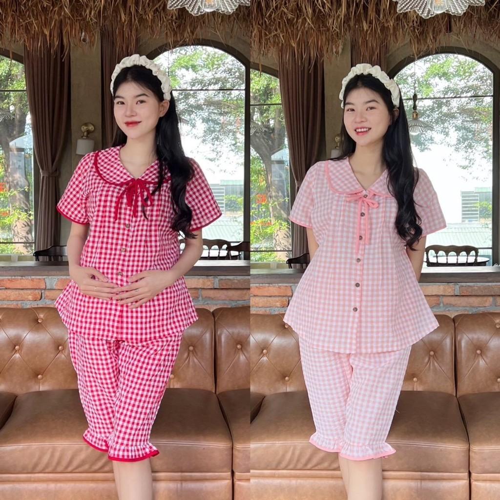 Bộ Đồ Bầu Lửng Karo Mẫu Mới Mùa Hè 2025 Mặc Nhà Chất Cotton Hàn Nhẹ Mát Có Chun Điều Chỉnh - Đỏ