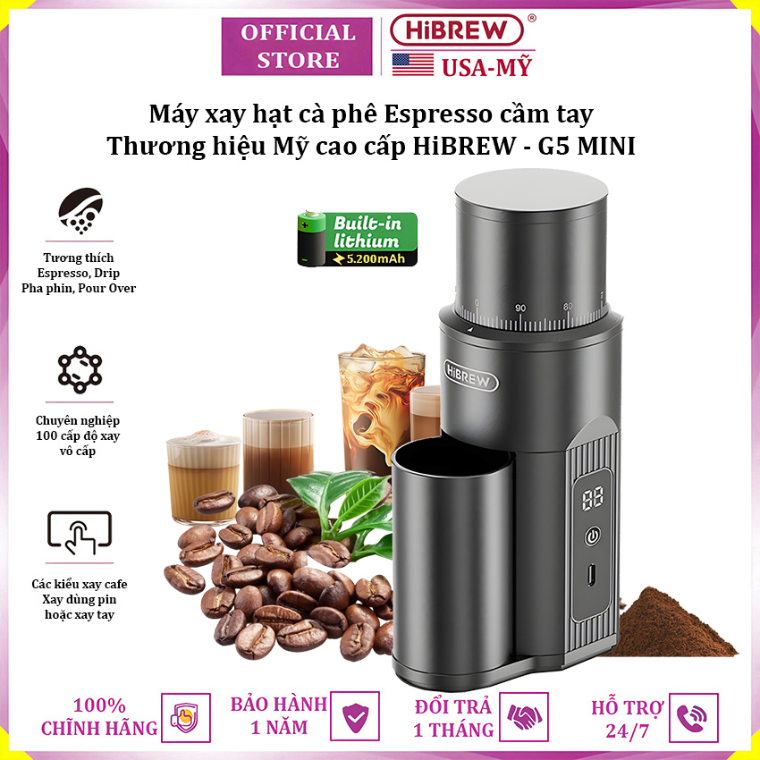 Máy xay hạt cà phê Espresso cầm tay, dùng pin thương hiệu Mỹ cao cấp HiBREW G5 MINI - Hàng nhập khẩu