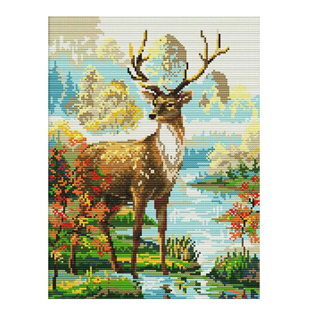 Animal Stag Stamped Cross Stitch Kit for Beginners Adults Kids 14CT 29x36cm