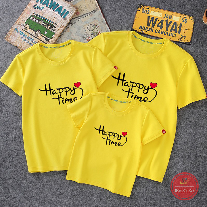 Áo gia đình Happy time Đồng phục gia đình 3/4/5 người đi biển giá rẻ Thun cotton Màu vàng GD315VD