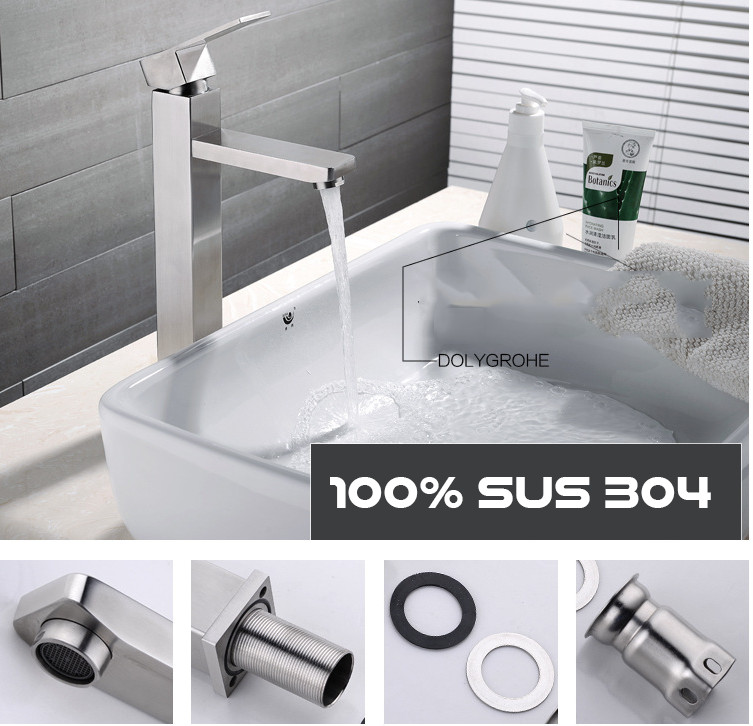 Vòi chậu rửa mặt lavabo vuông nóng lạnh inox 304 cao 30cm - tặng kèm bộ dây cấp nước nóng lạnh