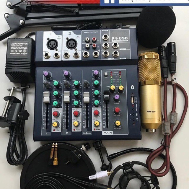 Combo trọn bộ sound card Mixer F4 USB thu âm livestream, karaoke cực hay, Micro BM-900, Kẹp bàn màng lọc, tai nghe kiểm âm 450P