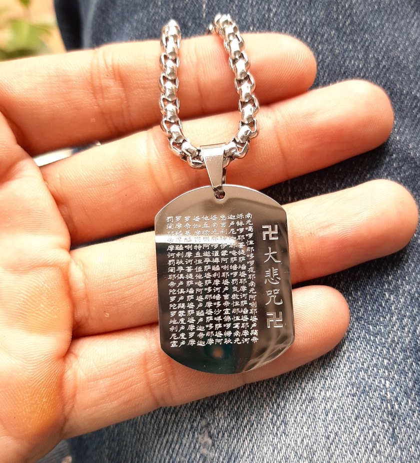 Dây chuyền nam cao cấp titanium siêu đẹp gồm mặt khắc Chú Đại Bi Quan Âm Inox và dây titan ( nguyên bộ)