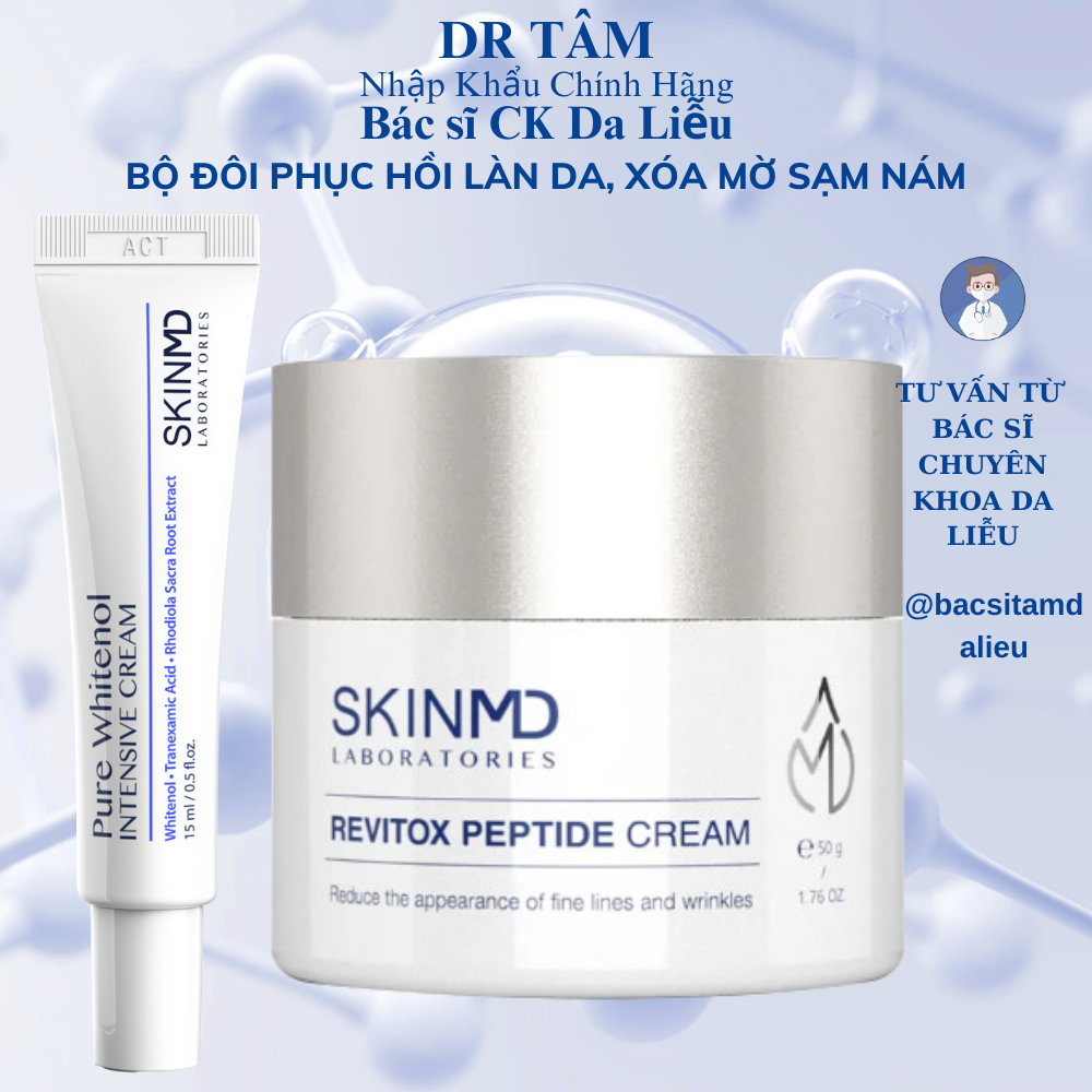 Bộ đôi mờ nám nâng cơ chuyên sâu SKINMD PURE WHITENOL INTENSIVE CREAM 15g và SKINMD REVITOX PEPTIDE CREAM 50g tác động mạnh mẽ giúp mờ nám trắng da mờ vết thâm