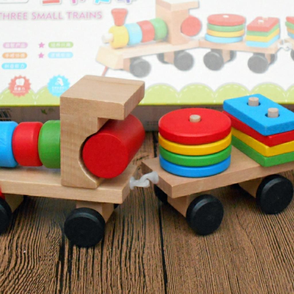 Đồ chơi tàu kéo khối gỗ, xe chở khối thả hình trụ cho bé