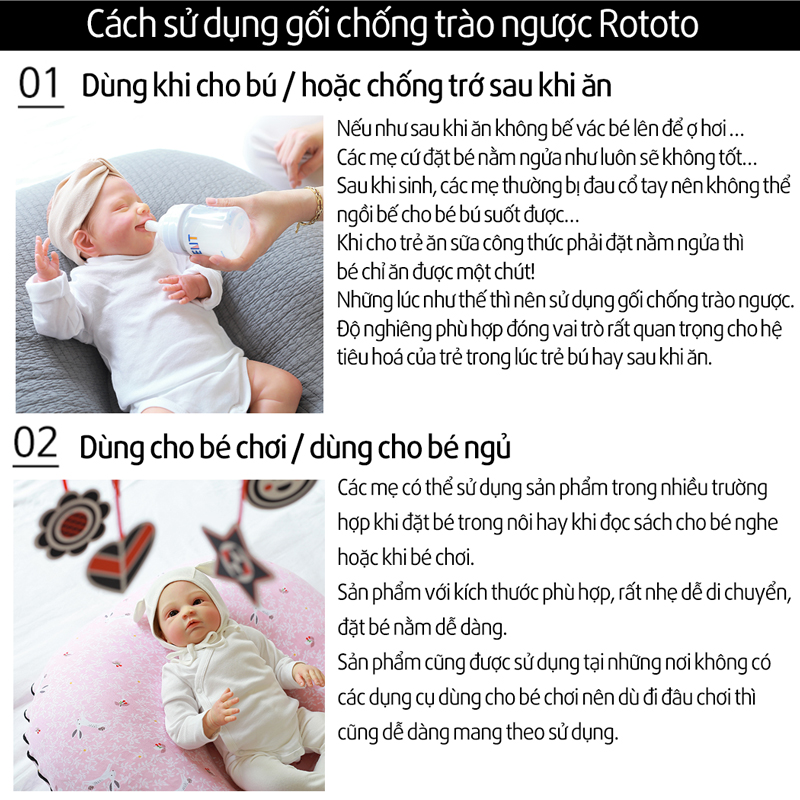 Gối chống trào ngược Rototo bebe nhập khẩu chất liệu cotton mềm mại khắc phục tình trạng trào ngược sơ sinh