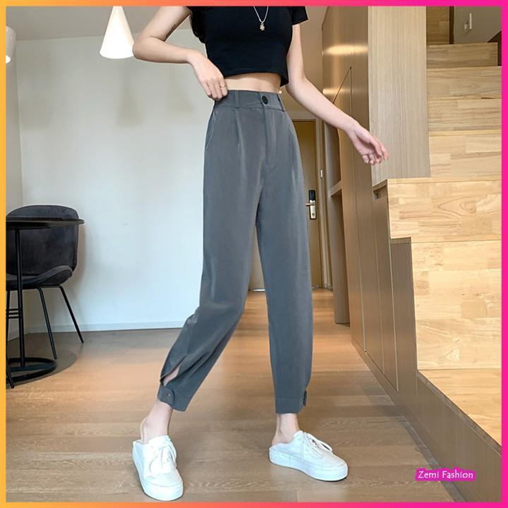 Quần baggy nữ cạp cao dáng rộng có khuy bo gấu Ulzzang