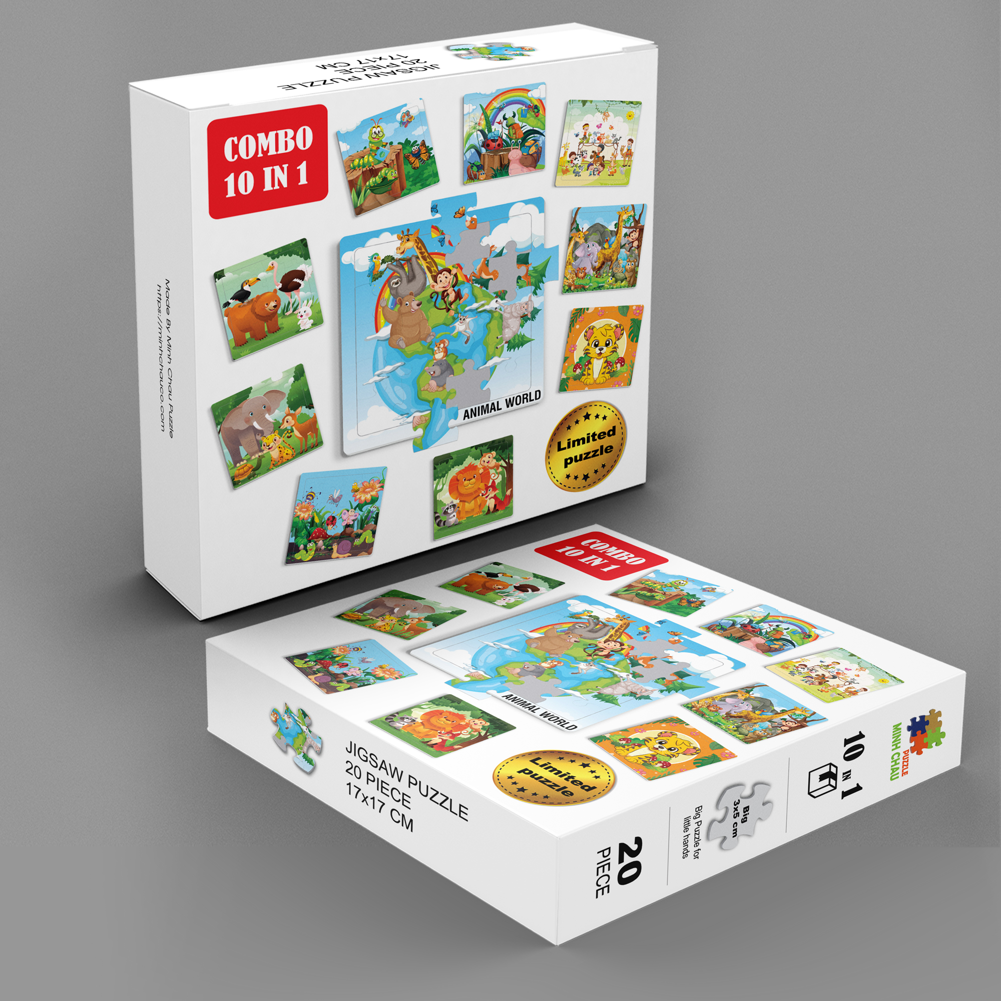 Hộp xếp hình với combo 10 bộ ghép hình 20 mảnh, kích thước hình 17x17 cm, chủ đề động vật, chỉ có tại Minhchauco