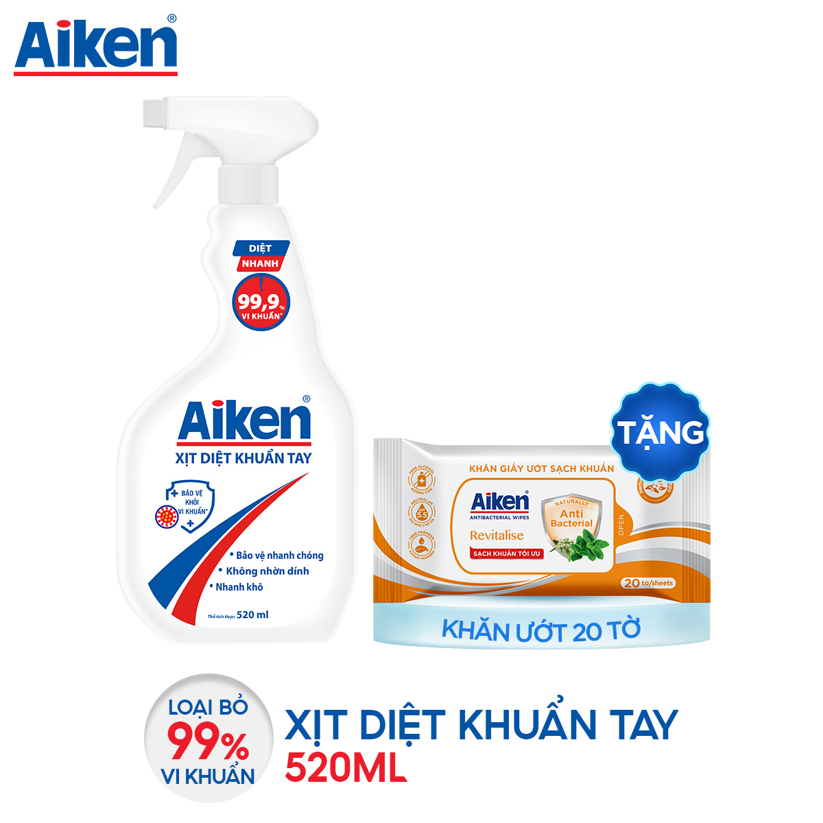 Aiken Xịt Diệt Khuẩn 520ml + Khăn Ướt 20 Tờ