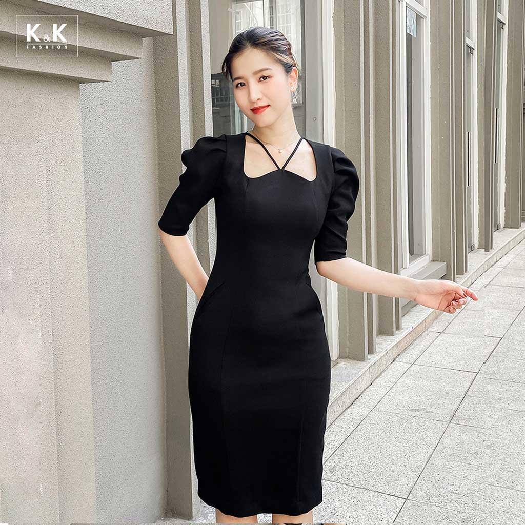 Đầm Đen Ôm Body Tay Lỡ Cổ Tim K&amp;K Fashion KK140-24 Chất Liệu Cát Thái