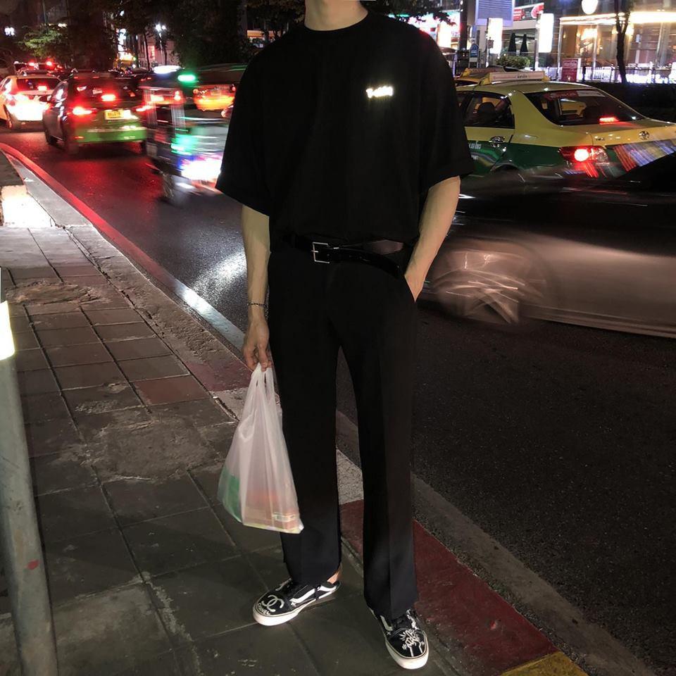 Áo thun unisex phản quang STAFF trắng đen tay lỡ form rộng vải dày mịn