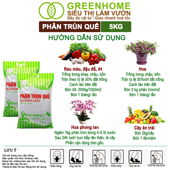 Phân Trùn Quế Greenhome, Lavamix, Bao 5kg, Nguyên Chất, Bổ Sung Dinh Dưỡng, Cải Tạo Đất, Bón Rau
