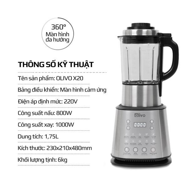 Máy Làm Sữa Hạt OLIVO X20, 1800W Dung Tích 1,75L, 14 Chức Năng Xay Nấu Đa Năng, Hàng Chính Hãng