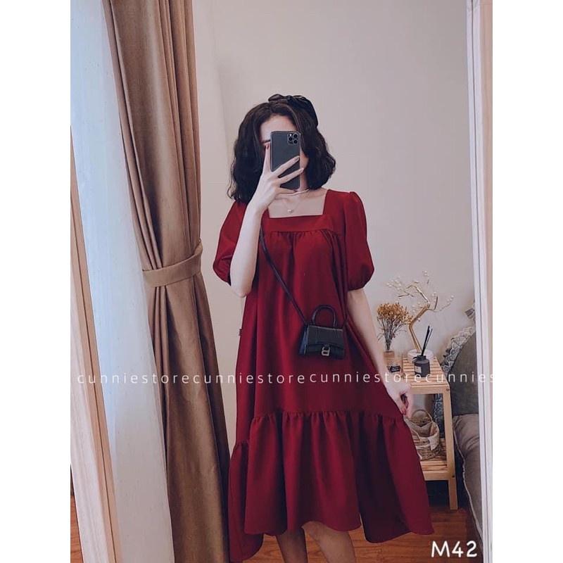 Váy maxi chất đũi freesize đuôi cá dáng rộng buộc dây sau - Đầm bầu from rộng hai màu đen, đỏ
