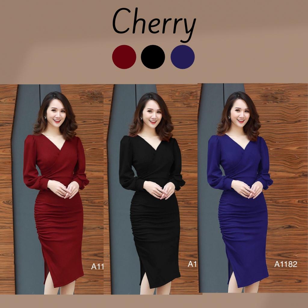 Váy body nhúm dáng ôm tay dài cổ tim CHERRY đầm body công sở sang trọng A1182
