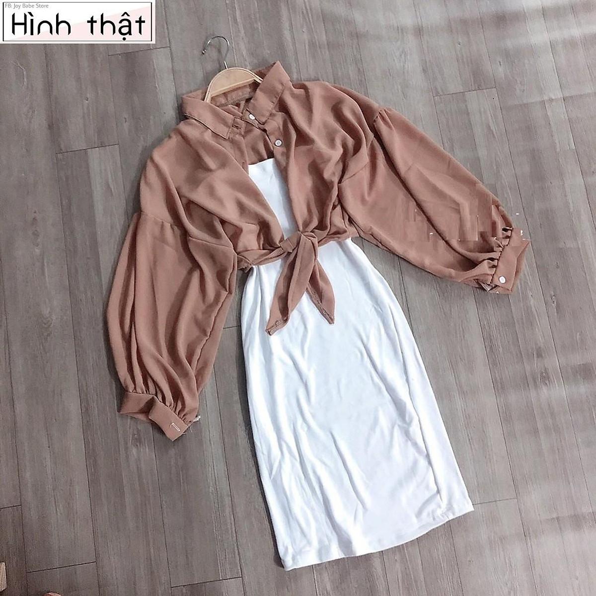 SET ĐẦM NỮ KÈM ÁO KHOÁC SƠ MI - THUN CO GIÃN ÔM BODY HAI DÂY BASIC TRƠN KIỂU HÀN QUỐC HOT GIRL 07 - Đầm tím-sơmi trắng