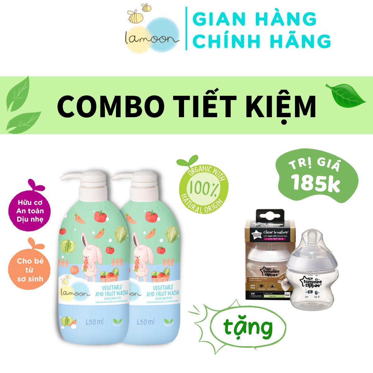 COMBO 2 Bình Nước rửa rau củ quả Organic Lamoon 450ml TẶNG 1 Bình Sữa PP Ty Siêu Mềm Tự Nhiên 150ml