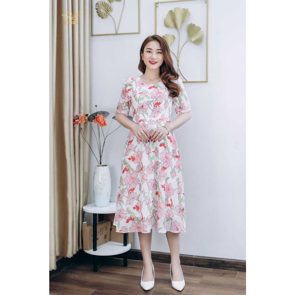 Đầm xòe thiết kế trung niên cao cấp sang trọng Cổ tròn tay bèo lỡ màu Trắng hoa hồng TTV STORE TTV1255