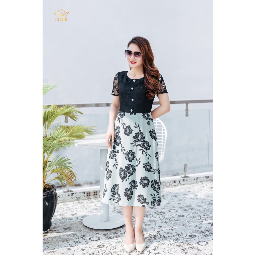 Đầm xoè thời trang trung niên TTV Store cổ tròn kết nút tay ngắn Xanh hoa đen TTV1175