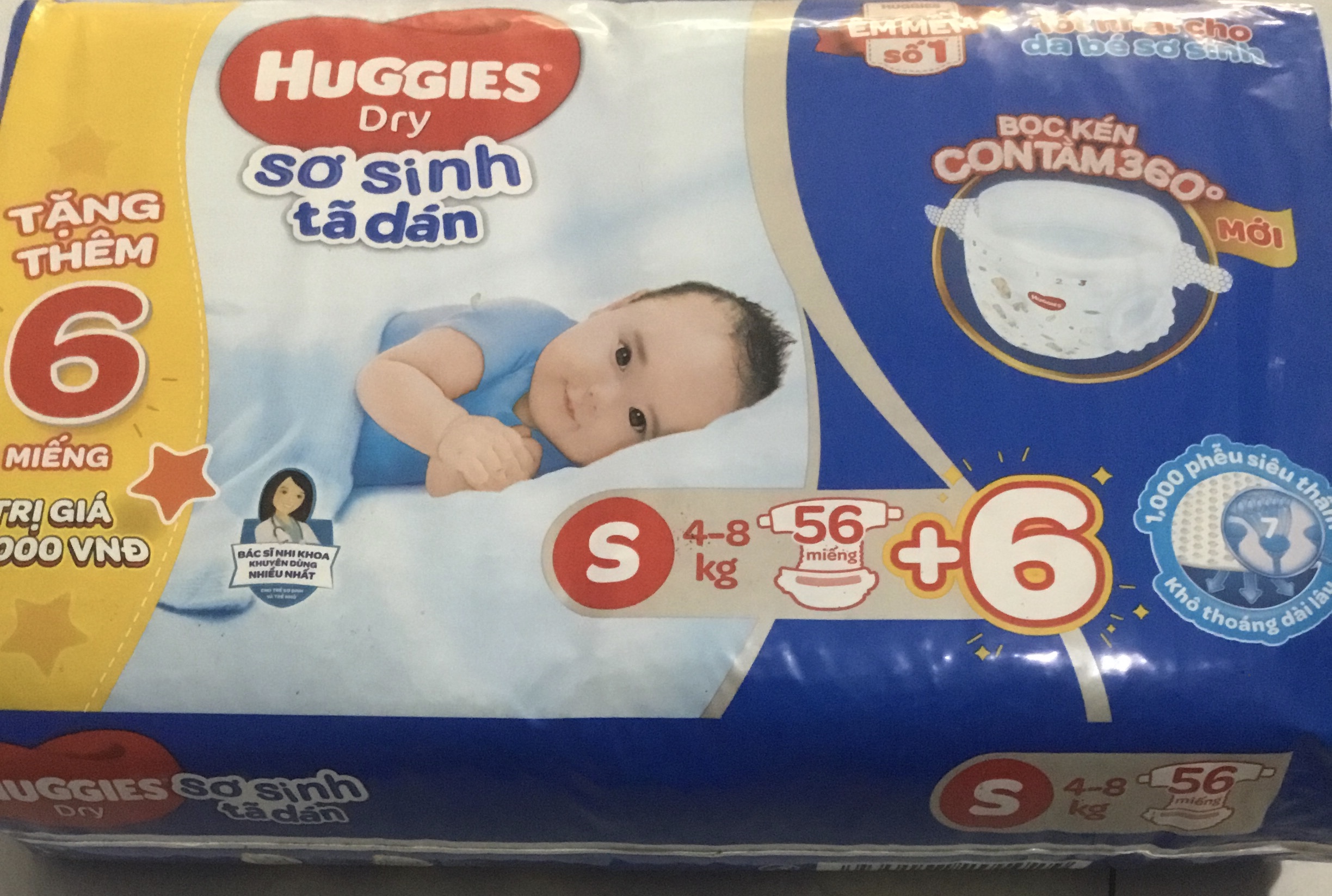 Sỉ- Tặng Thêm 6 Miếng- Tã dán sơ sinh Huggies S56 (Cho bé 4-8kg)- HSD 08/2024( Mẫu cũ của Huggies s54)