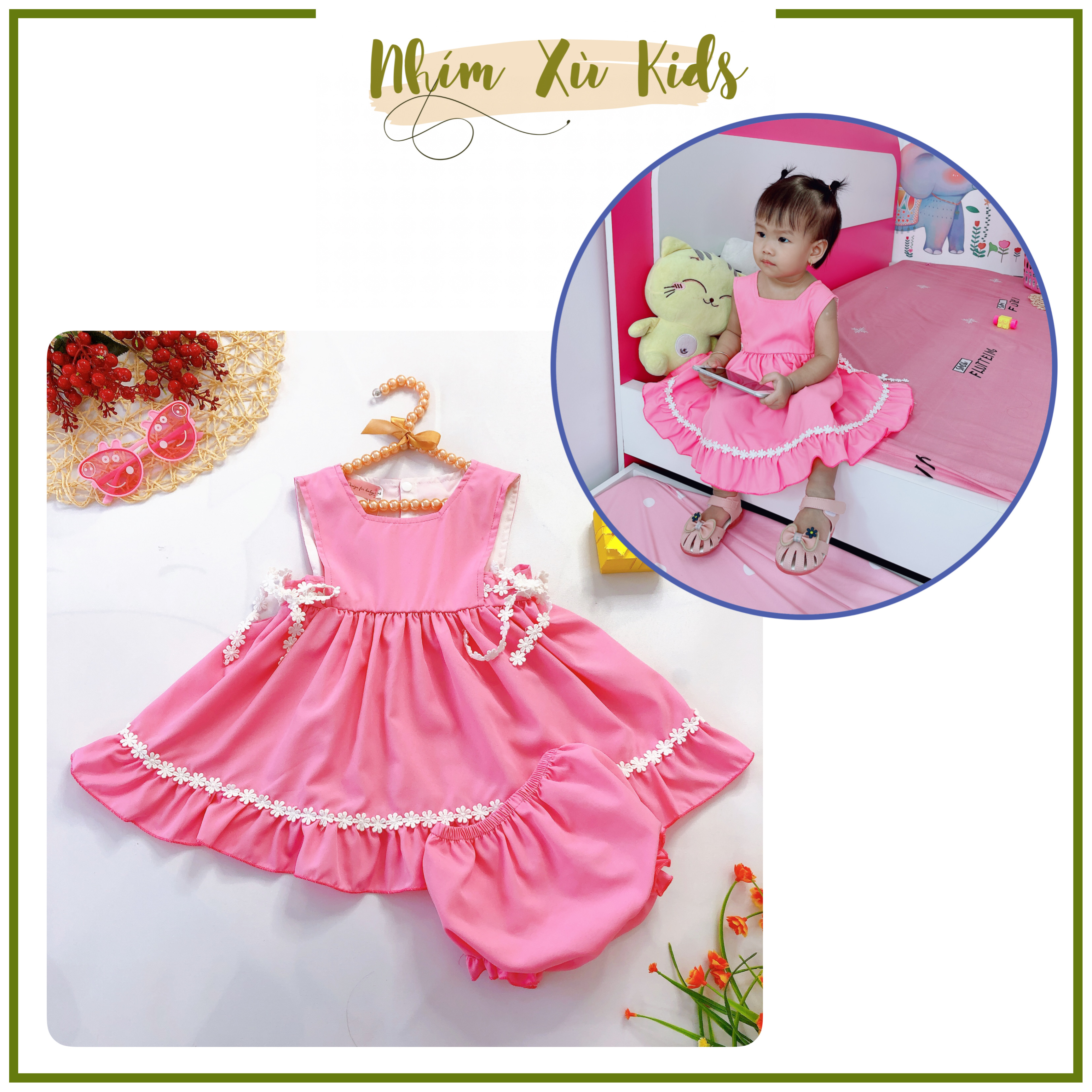 Váy Hồng Đào Kèm Chip Cho Bé Gái Từ Sơ Sinh - 16kg