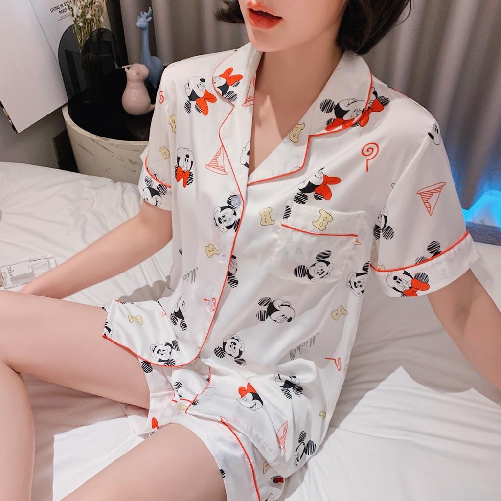 Đồ Bộ Nữ Ngắn - Đồ Mặc Nhà Vải Lụa Màu Trắng và Cam Cao Cấp In Họa Tiết Hoạt Hình CCLP13