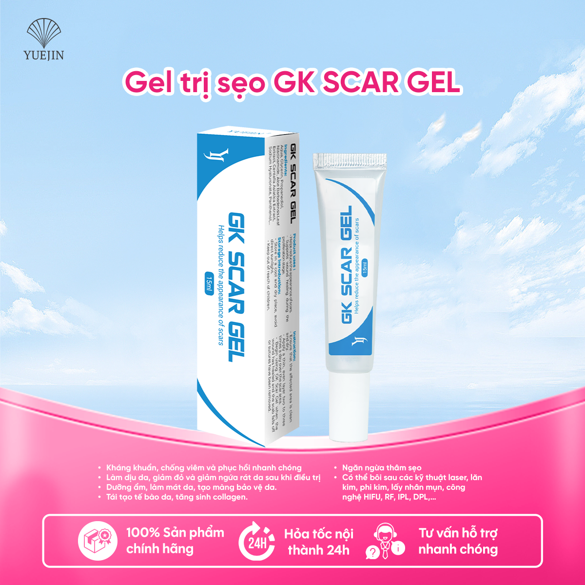 Gel trị sẹo GK SCAR GEL lấp đầy Sẹo Rỗ, Sẹo Lõm, làm phẳng Sẹo Lồi, Sẹo Thâm 15ml của Yuejin