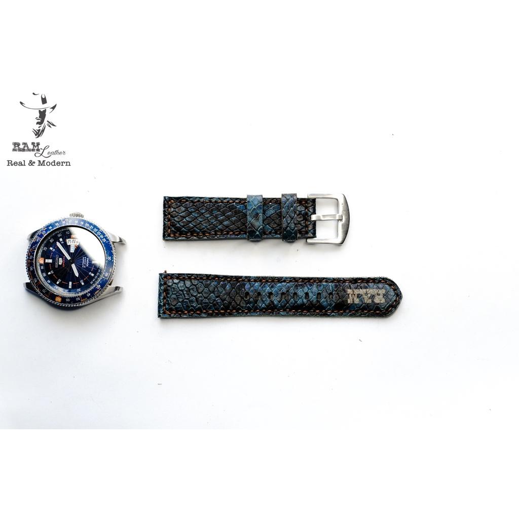 Dây đồng hồ da dê handmade bền chắc cao cấp xanh dương navy RAM 1998 - tặng khóa chốt và cây thay dây