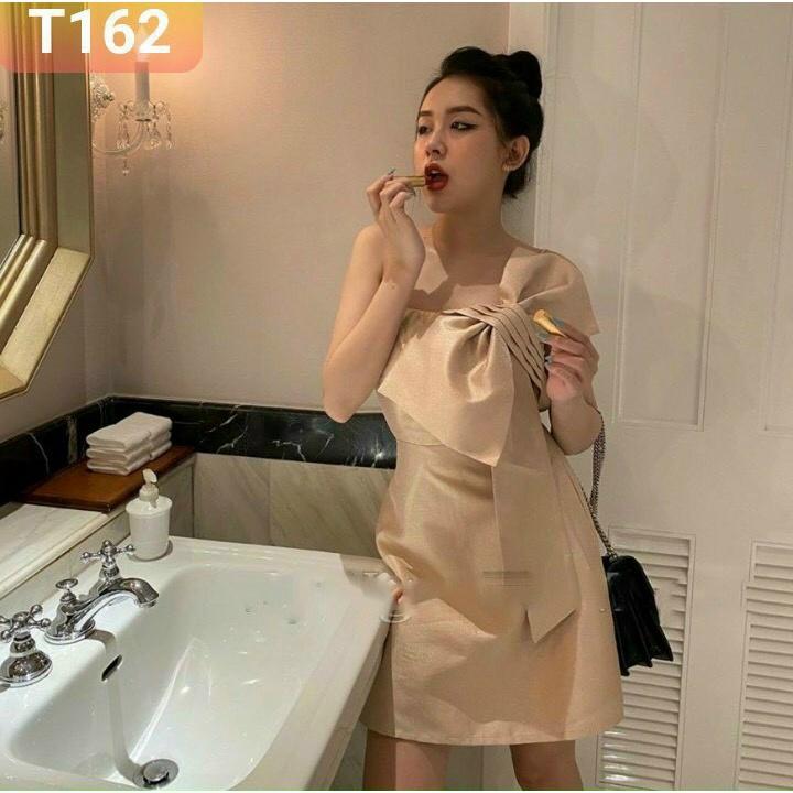 Đầm dự tiệc nude Nơ ngực lệch vai chất phi bóng
